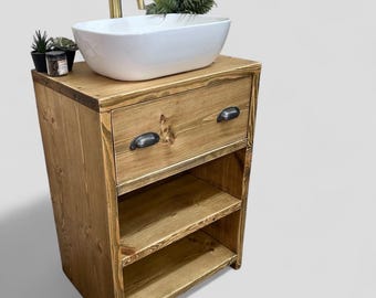 WOOLWICH | Handmade Solid Redwood Pine Furniture | Bathroom Sink Unit With Storage | Rustic Basin Unit | Natural Wood Bathroom Vanity Unit