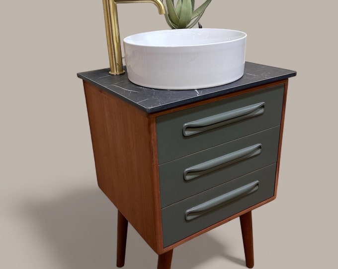 G-PLAN | IN STOCK | Mid-Century Bathroom Unit | Including Black Marble Solid Laminate Top | Basin | Tapered Legs