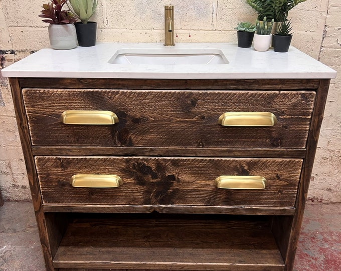 ABINGDON | IN STOCK | Handmade Reclaimed Timber Bathroom Furniture | Quartz Top  | Under-Mounted Ceramic Basin | Brushed Brass