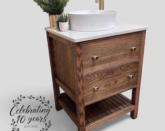 LEOMINSTER | Solid Oak Vanity Unit with Quartz Top | Classic 2 Drawer Bathroom Chest