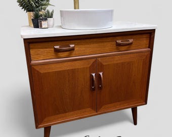 G-PLAN SIERRA | Mid-Century Bathroom Vanity | Including Quartz Worktop | Wooden Tapered Legs |