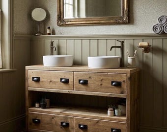 APPLETON |  Double Vanity Unit, Handmade Reclaimed Timber Bathroom Furniture with 4 Drawers, Rustic