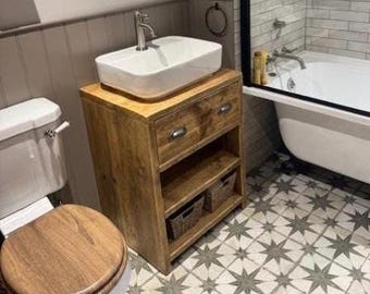 WOOLWICH | Handmade Wooden Furniture | Bathroom Vanity Unit With Storage | Rustic Basin Unit | Natural Wood Bathroom Vanity Unit | Sink Unit