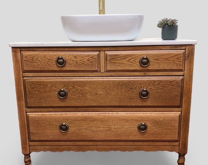 NOW SOLD |  VINTAGE 82 | Vintage Oak Bathroom Vanity Incl. Quartz Top & Soho Basin