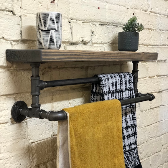 Iron : Timber Shelf with Double Towel rail
