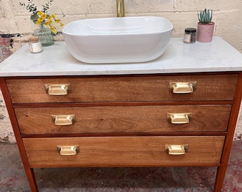 NOW SOLD | VINTAGE 176 | Fully Restored Vintage Mahogany Bathroom Vanity | Incl. Quartz Top  | Incl. Soho Basin  | Vintage Mahogany |