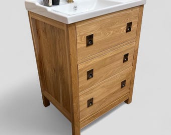 TEWKESBURY | Classic Oak 3 Drawer Chest including Ceramic Traditional Basin | Reclaimed Oak Drawer Boxes  | Solid Oak Bathroom Furniture
