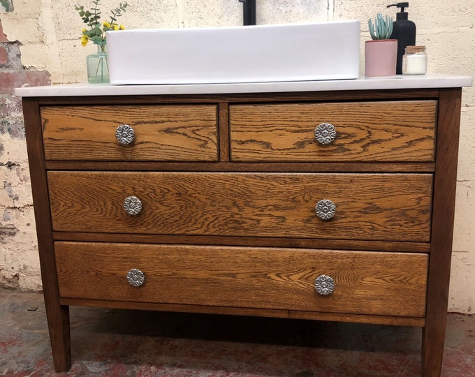 NOW SOLD | VINTAGE 179 | Enquire for similar | Vintage Oak Bathroom Vanity Including Quartz Top