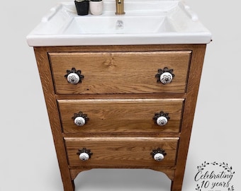 TEWKESBURY | Classic Oak 3 Drawer Chest including Ceramic Traditional Basin | Reclaimed Oak Drawer Boxes  | Solid Oak Bathroom Furniture