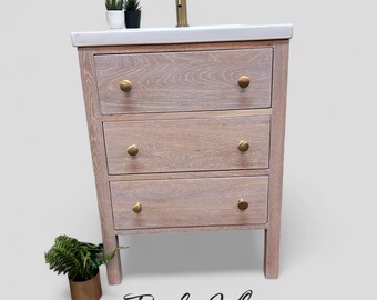 LUDLOW | Classic Oak 3 Drawer Chest including Modern Ceramic Basin | Solid Oak Drawers | Solid Oak Bathroom Furniture | Solid Oak