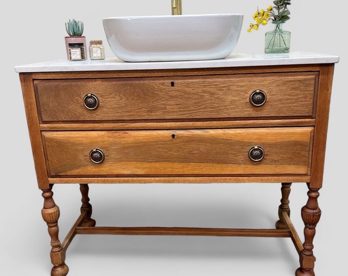 NOW SOLD | VINTAGE 160 | Fully Restored Vintage Oak Bathroom Vanity | Vintage Oak Vanity | Solid Oak Vanity | Including Soho Basin