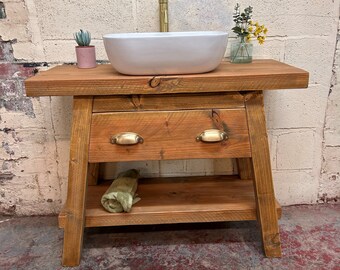 POLPERO | Handmade  Quebec Pine Furniture | Bathroom Vanity Unit With Storage | Rustic Basin Unit | Natural Wood Bathroom Wash Stand