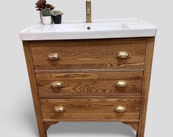 SHIPTON | Solid Oak Bathroom Chest with 3 Drawers and Modern Ceramic Basin, Handmade Vanity