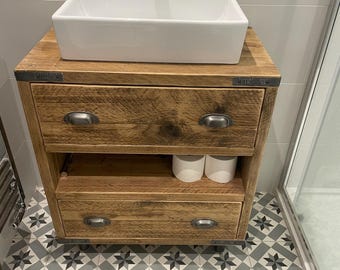 GADDESTON | Handmade Wood Furniture | Bathroom Vanity Unit With Storage | Rustic Basin Unit | Natural Wood Bathroom Vanity Unit | Sink Unit