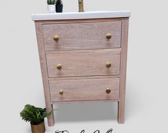LUDLOW | IN-STOCK | Classic Oak 3 Drawer Chest including Modern Ceramic Basin | Solid Oak Drawers | Solid Oak Bathroom Furniture | Solid Oak