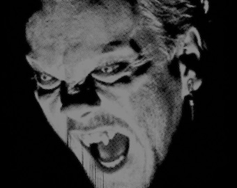 May include: Black and white illustration of a person's face with a fierce expression. The person has a spiky hairstyle and is looking directly at the viewer.