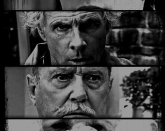 May include: A monochrome image divided into four horizontal sections. Each section presents a close-up: a young person, two older men, and a dog. The image has a grainy texture and a dark, distressed border.