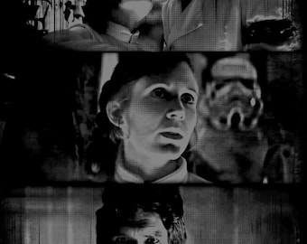 May include: A black and white image of three different scenes. The first scene shows a couple kissing. The second scene shows a woman looking at the camera. The third scene shows a man looking at the camera.