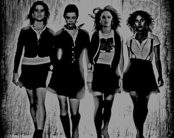 May include: A monochrome image featuring four people in dark attire, including skirts, jackets, and boots, walking towards the viewer. The background has a textured, stormy appearance with a lightning bolt design.