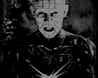 May include: A monochrome image depicting a character with a bald head, covered in pins and a grid pattern. The character's mouth is open in a scream. The image has a grainy texture, with a starburst design at the bottom.