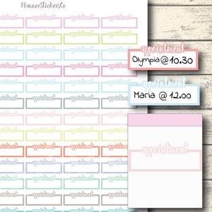 Puede incluir: Una hoja de pegatinas de planificador imprimibles en una variedad de colores pastel. Las pegatinas son rectangulares y tienen la palabra "cita" escrita en ellas. También hay dos pegatinas más grandes con el texto "cita Olympia @10.30" y "cita Maria @12.00". La hoja mide 8,5 pulgadas por 11 pulgadas.