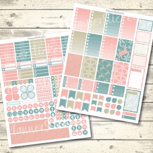 Op de afbeelding: Een set planner stickers met een winterthema. De stickers hebben verschillende ontwerpen, waaronder sneeuwvlokken, rendieren en harten. De stickers zijn in tinten roze, blauw en bruin.