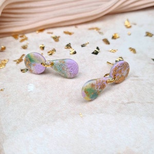 Marshmallow Drip Drop Stud Earrings, Gold Leaf, Textured Polymer Clay, Hypoallergenic Steel, Raindrop, Dainty, Spring, Pastel