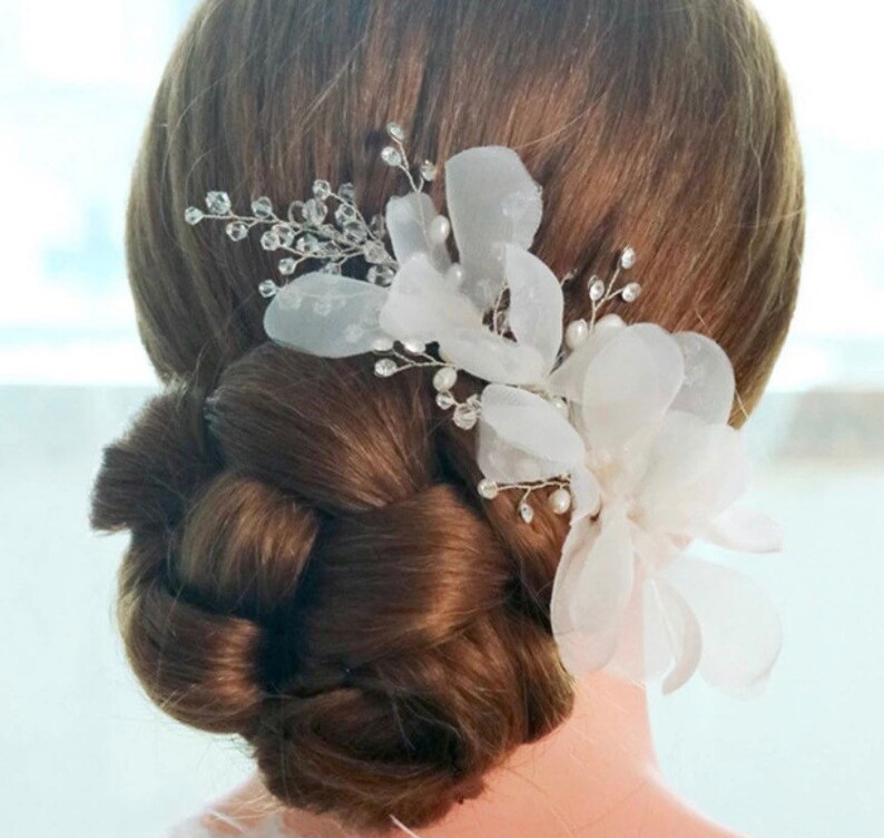 White Foral Hair Clip Whimsical White Organza Bridal Hair Clip Wedding hair piece Bridal headpiece Silver Bridal hair piece