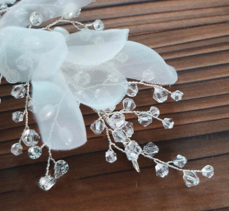 White Foral Hair Clip Whimsical White Organza Bridal Hair Clip Wedding hair piece Bridal headpiece Silver Bridal hair piece