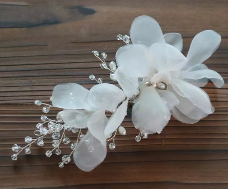 White Foral Hair Clip Whimsical White Organza Bridal Hair Clip Wedding hair piece Bridal headpiece Silver Bridal hair piece