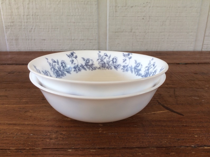 Two French Country Cereal Bowls Arcopal Made in France Blue Flowers on White Glenwood Pattern