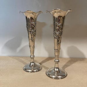 Pair Antique Wang Hing Silver Bud Vases Repousse Chrysanthemum Flowers Chinese Export Silver