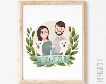 Family Portrait Illustration with Pets, Custom Couple Portrait, Custom Family Portrait, Illustrated Family Portrait, Pet Portrait