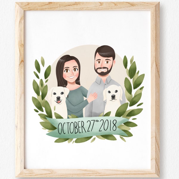 Family Portrait Illustration with Pets, Custom Couple Portrait, Custom Family Portrait, Illustrated Family Portrait, Pet Portrait