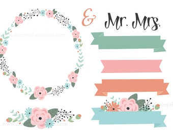 Floral Wreath Banner Wedding Clipart Set Instant Digital Download