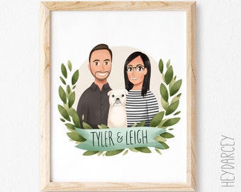Family Portrait Illustration with Pets, Custom Couple Portrait, Custom Family Portrait, Illustrated Family Portrait, Pet Portrait