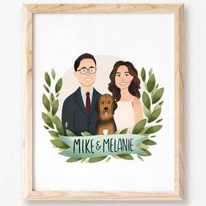 Wedding Portrait Illustration with Pets, Custom Couple Portrait, Custom Family Portrait, Illustrated Family Portrait Wedding Gift