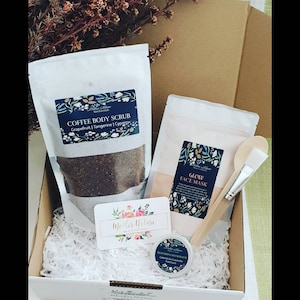 Pamper Gift Box Set, Coffee and Cacao Body Scrub, Face Mask Set, Restoring Hand Balm, Natural Skincare, Gifts for her, Mothers day gifts image 1