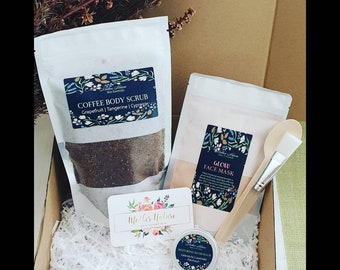 Natural Skincare Gift Box Set, Coffee and Coconut Body Scrub, Face Mask Set, Restoring Hand Balm, Natural Skincare, Gifts for her