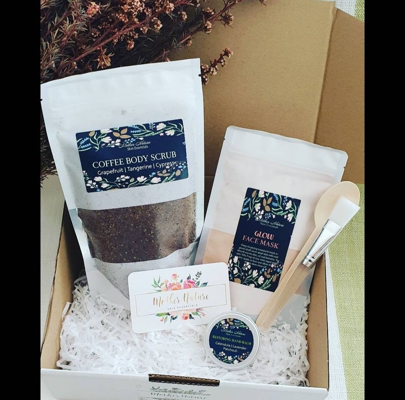 Pamper Gift Box Set, Coffee and Cacao Body Scrub, Face Mask Set, Restoring Hand Balm, Natural Skincare, Gifts for her, Mothers day gifts image 1