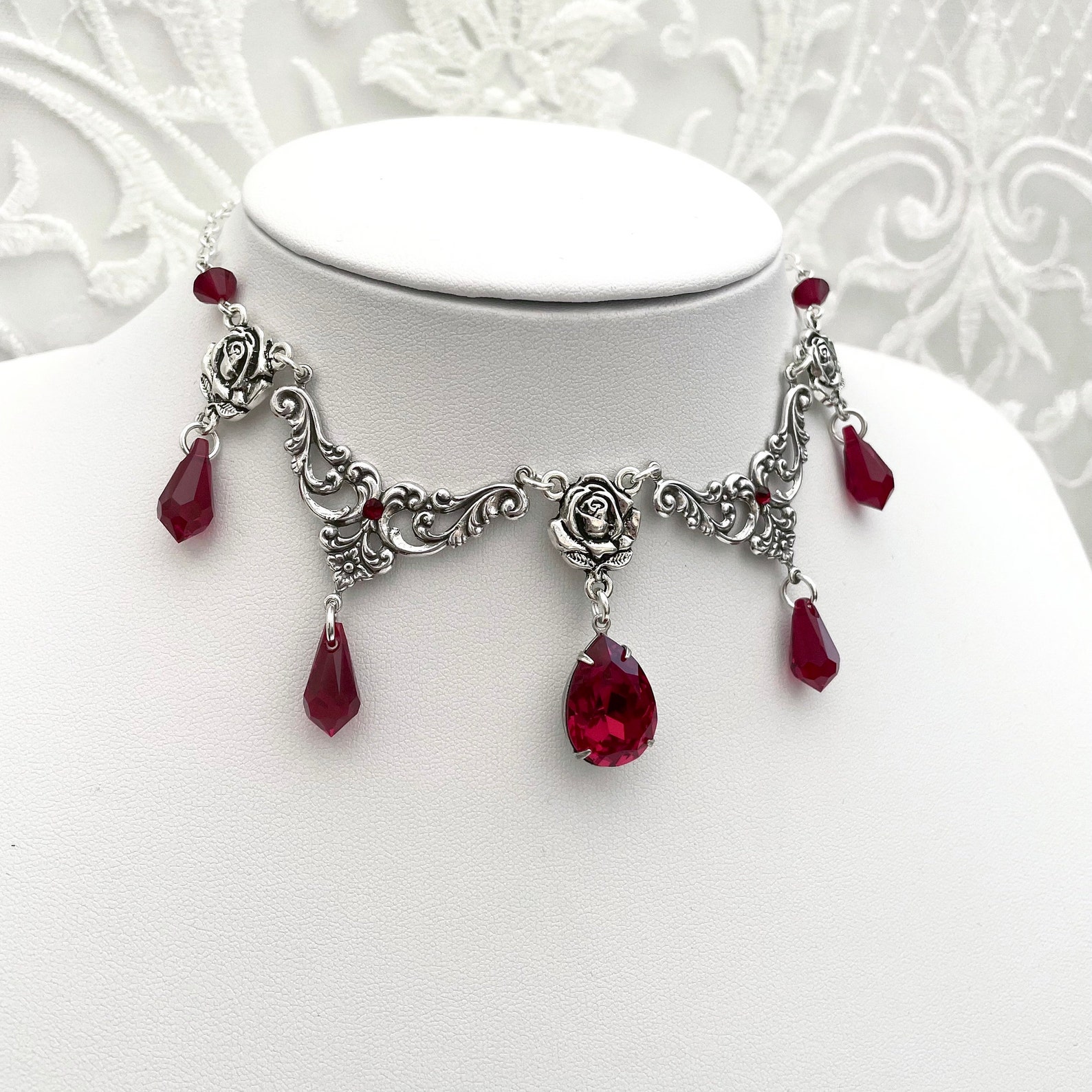 Silver Tone Gothic Red Drop Necklace Gothic Choker Silver - Etsy