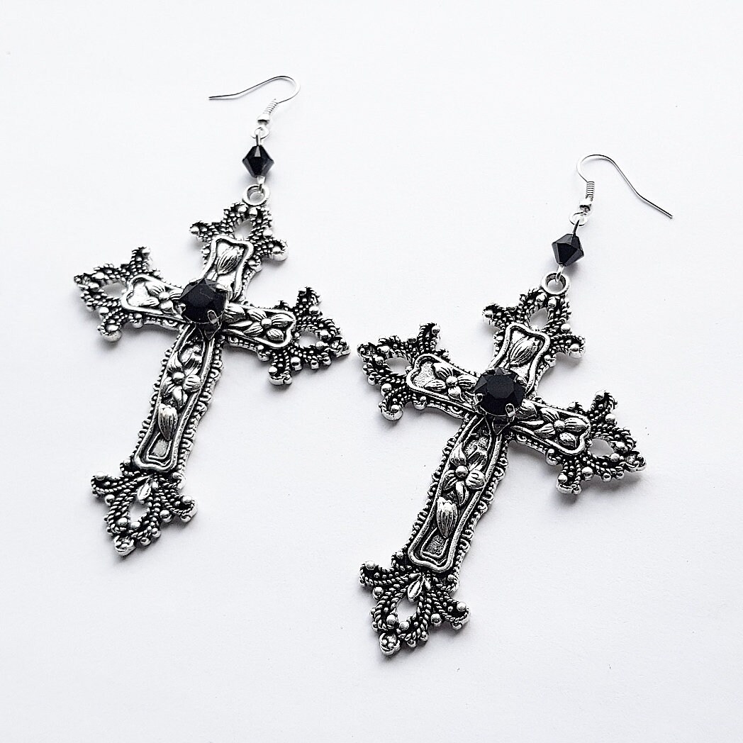 Large Silver Tone Gothic Jewel Cross 