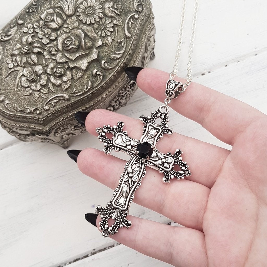 Gothic Cross Necklace Large Silver Tone Cross With Jewel Etsy UK