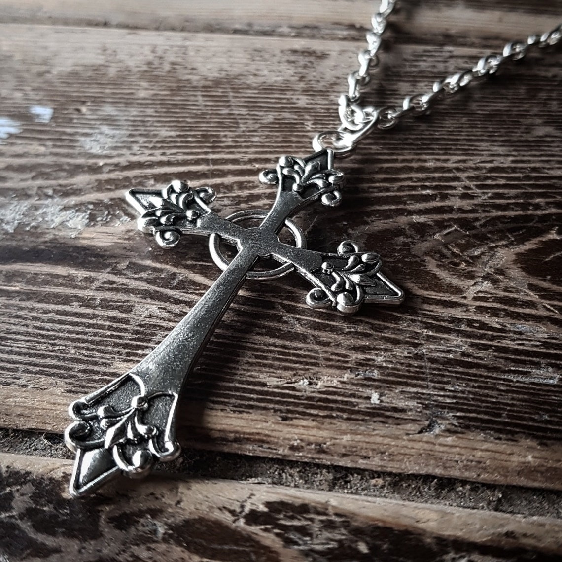 Large Detailed Silver Tone Cross Pendant Necklace Etsy UK