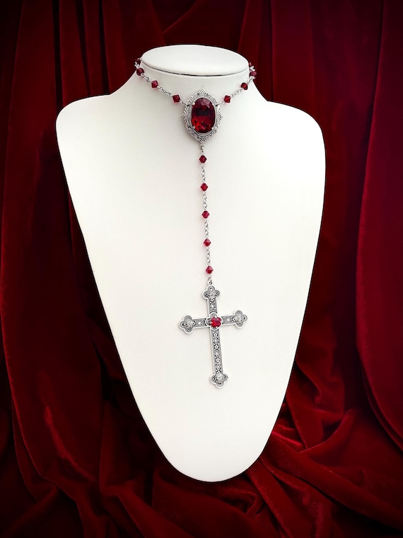 Gothic Rosary Necklace: Large Cross, Red Glass Beads