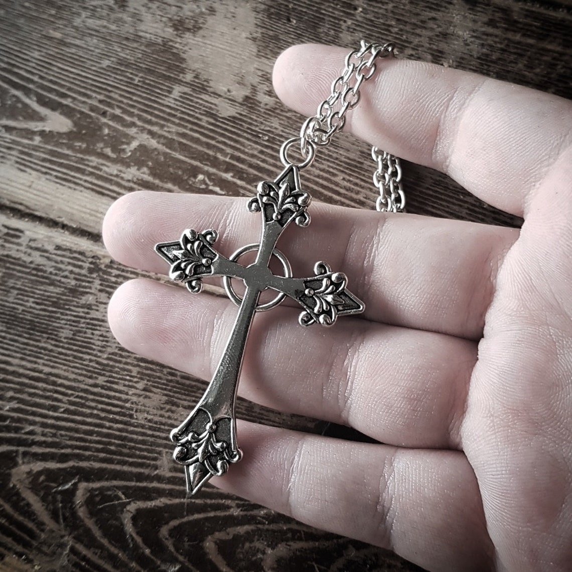 Large Detailed Silver Tone Cross Pendant Necklace Etsy UK