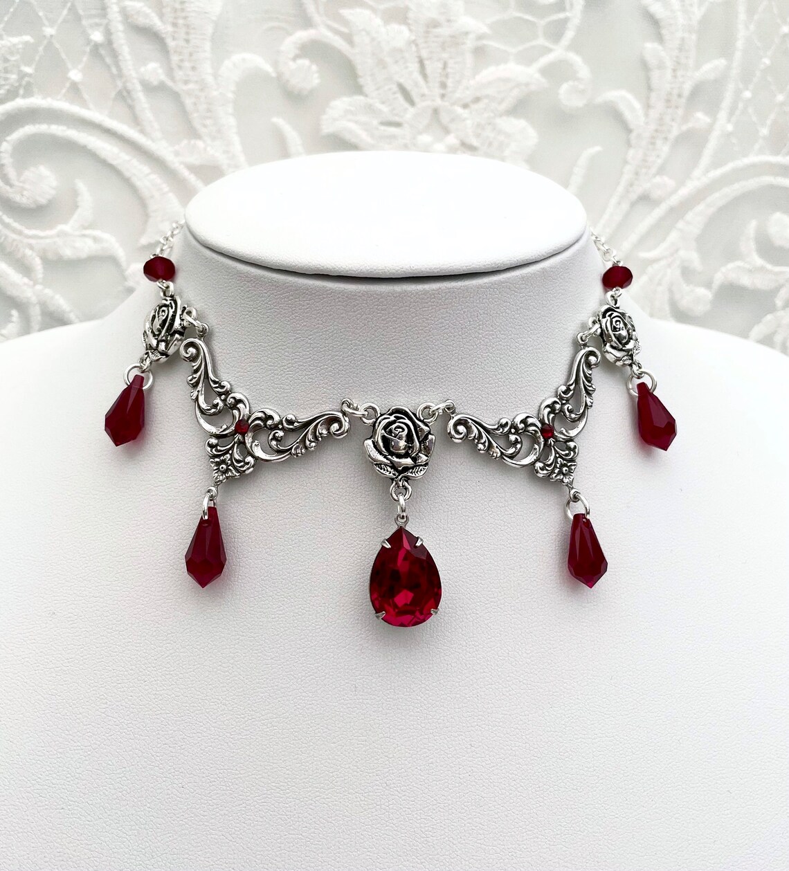 Silver Tone Gothic Red Drop Necklace Gothic Choker Silver - Etsy