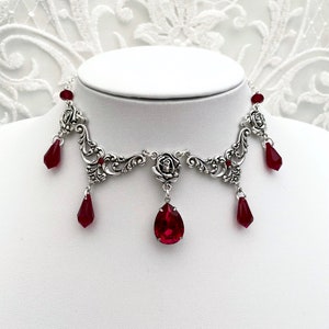 Silver Tone Gothic Red Drop Necklace, Gothic Choker, Silver Gothic Necklace, Blood Drop Necklace, Red Drop Choker, Red Drop Necklace