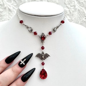 Gothic Necklace, Red Necklace, Gothic Choker, Blood Drop Necklace, Red Drop Necklace, Bat Necklace, Vampire Necklace