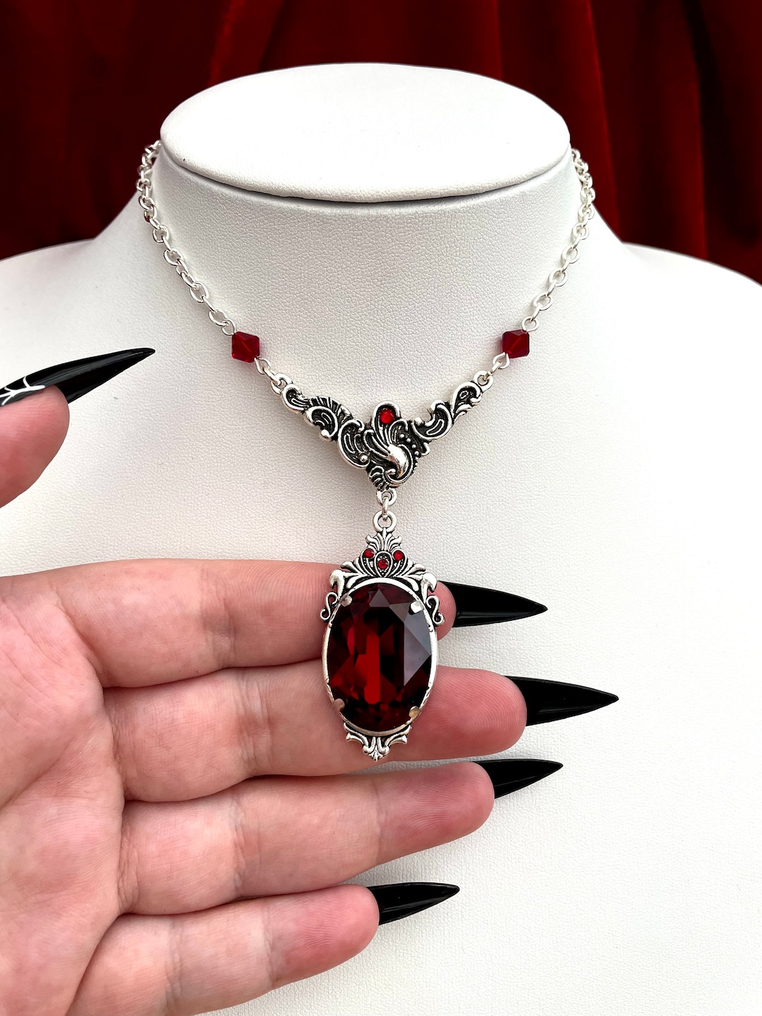 Gothic Necklace With Red Jewel, Red Necklace, Red Jewel Pendant, Gothic